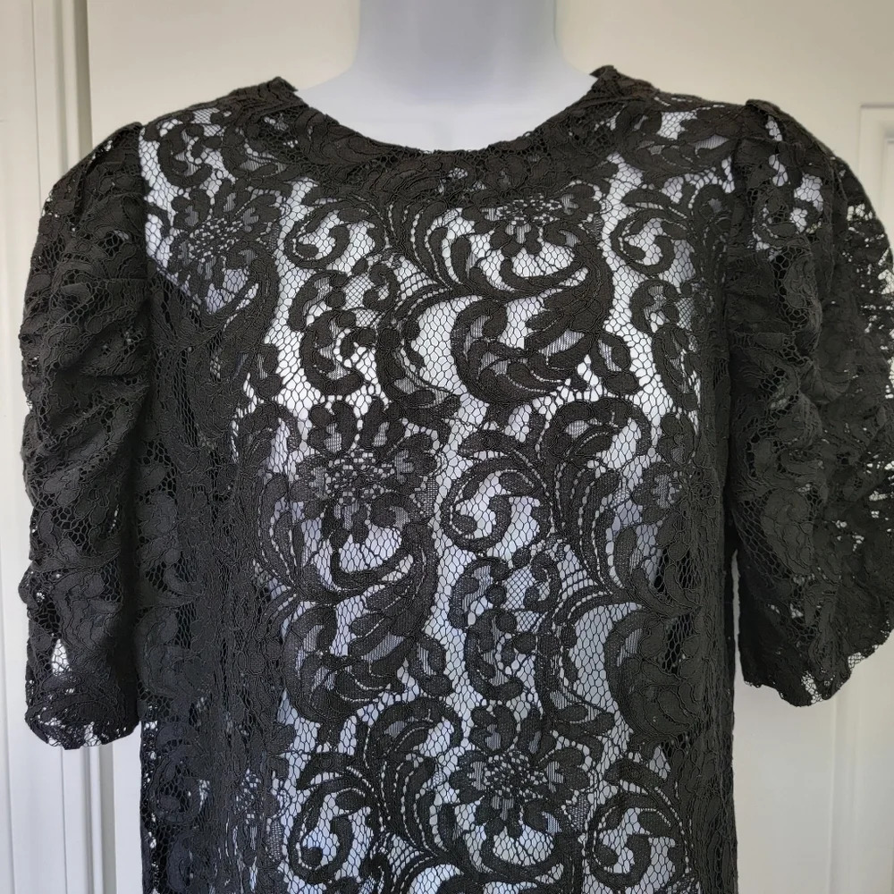 Wilfred Aritzia Short Sleeve Black Lace Scalloped Hem Dress No Liner Size M - Picture 3 of 11